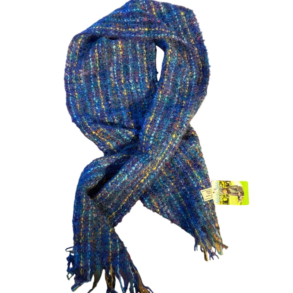 Mucros Weavers 100% Mohair Scarf Blue Multi Color Made in Ireland NWT